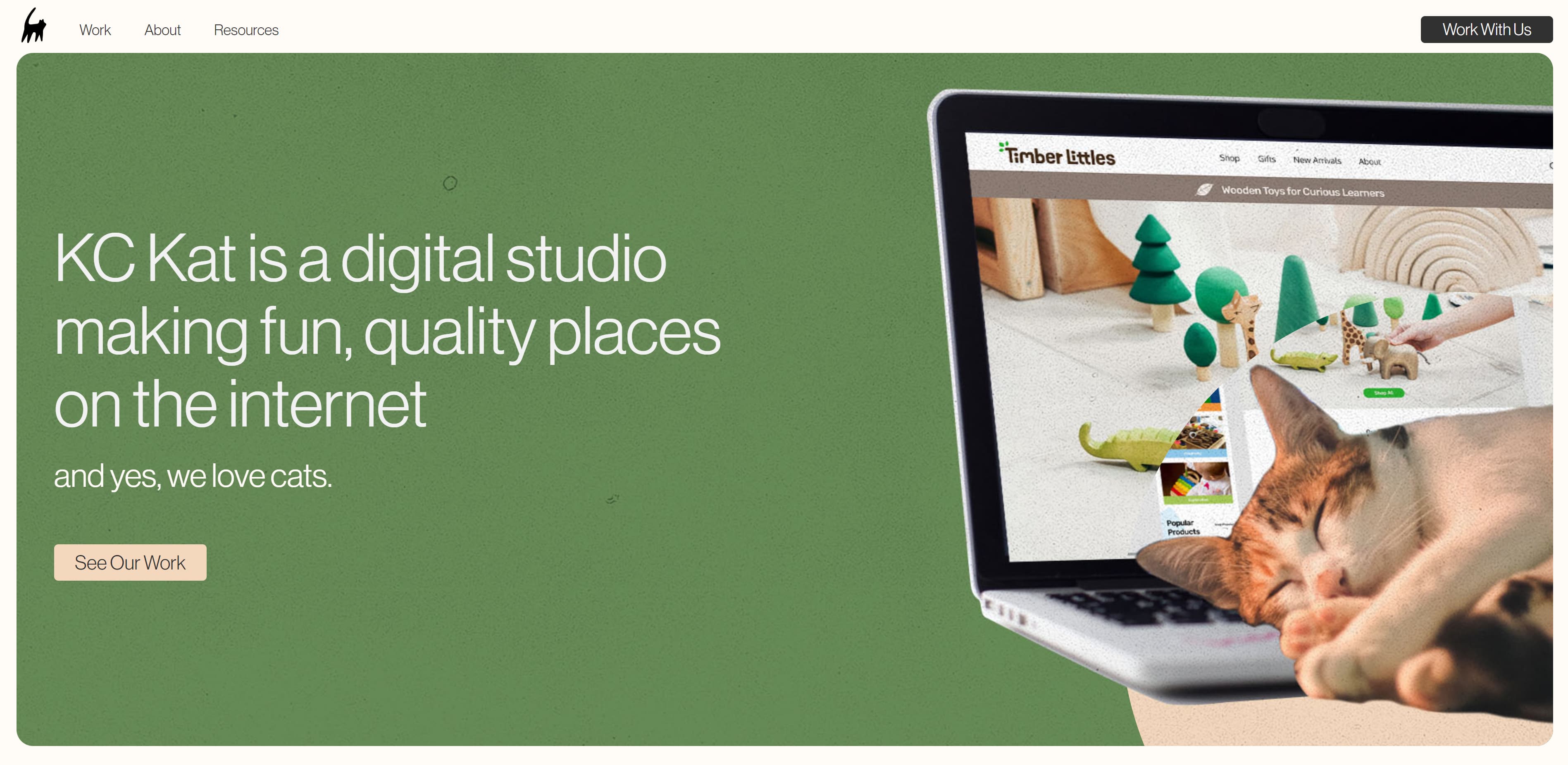 A screenshot of KC Kat Creative’s home page showing a white navigation bar at the top of the page, a green background, off-white text, and overlapping images of a laptop and a cat. There are CTAs in the top-right and bottom-left corners.