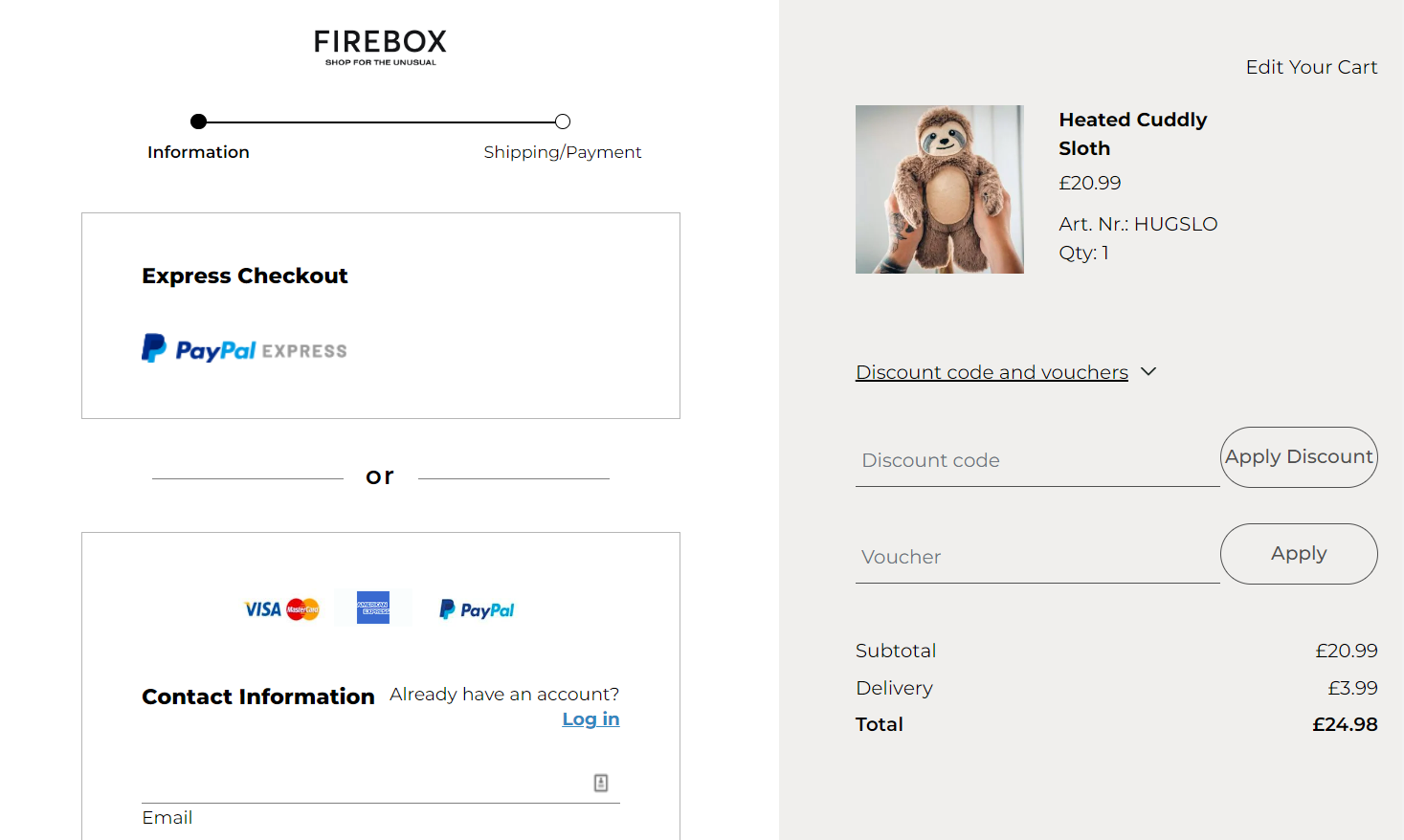 The Firebox checkout page has a progress bar at the top with two stages: “Information” and “Shipping/Payment.”