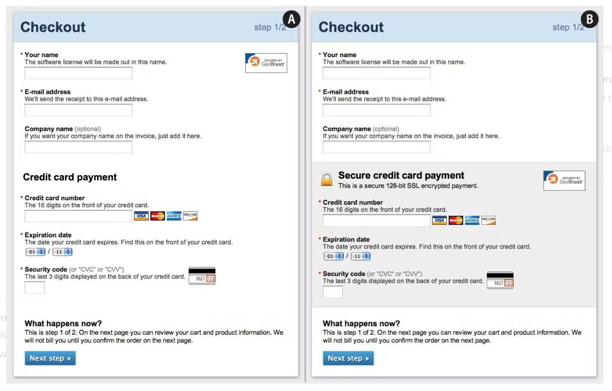 Two side-by-side mockups showing differences in visual security cues (details in the text).