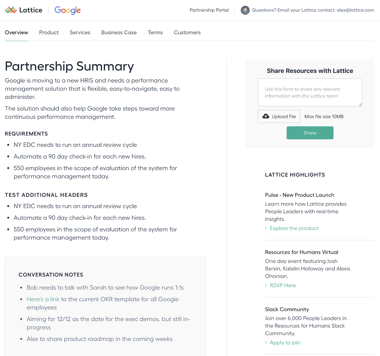 An example of a partner page in Lattice's partnership portal, detailing a summary, resources, highlights, and conversation notes.