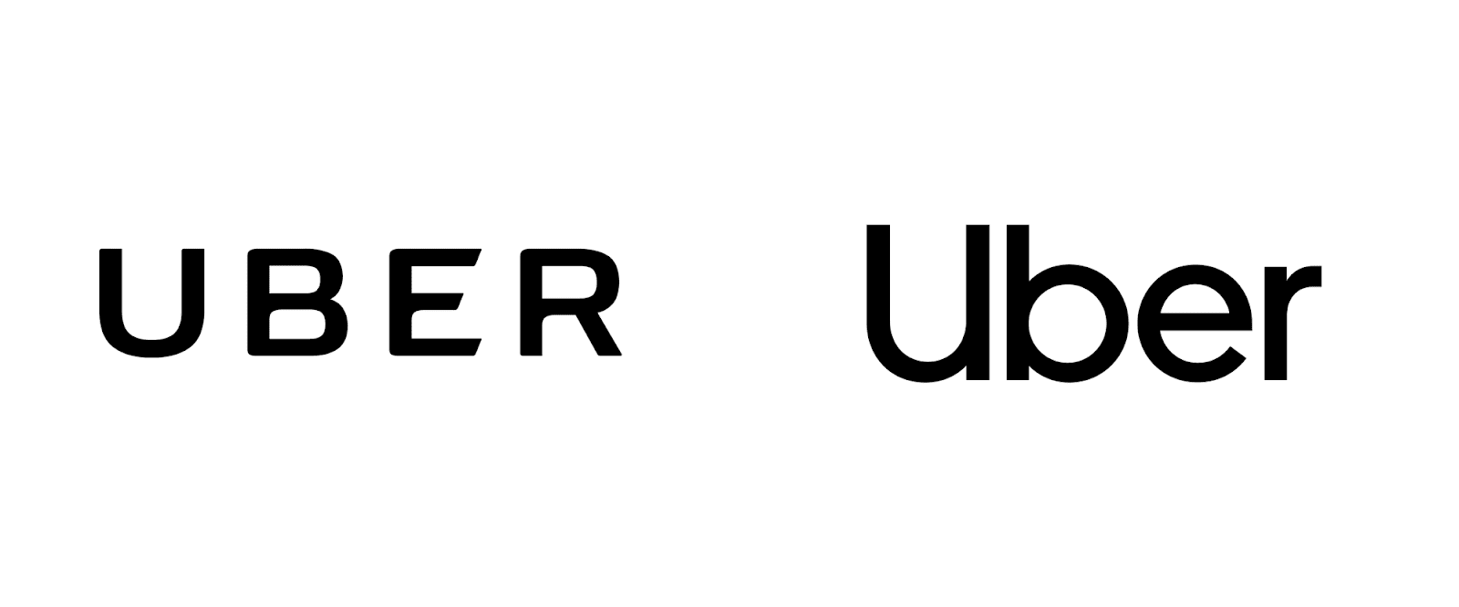 Uber's old hyper-masculine, squarish typeface logo in allcaps on the left and new, custom, sans-serif typeface in titlecase on the right.