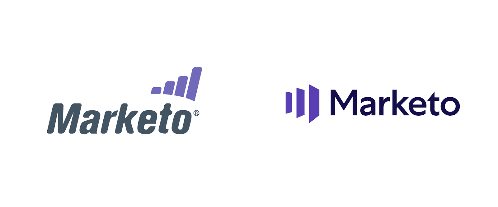 Former Marketo logo on the left featuring a more "quirky" font and a more staid update on the right.