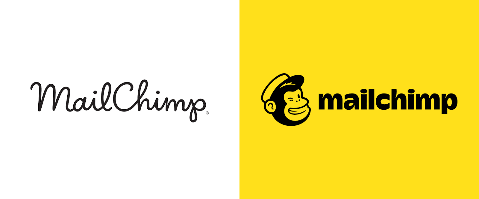 Former MailChimp log in cursive, camel case on the left and new, lowercase sans-serif logo on the right.