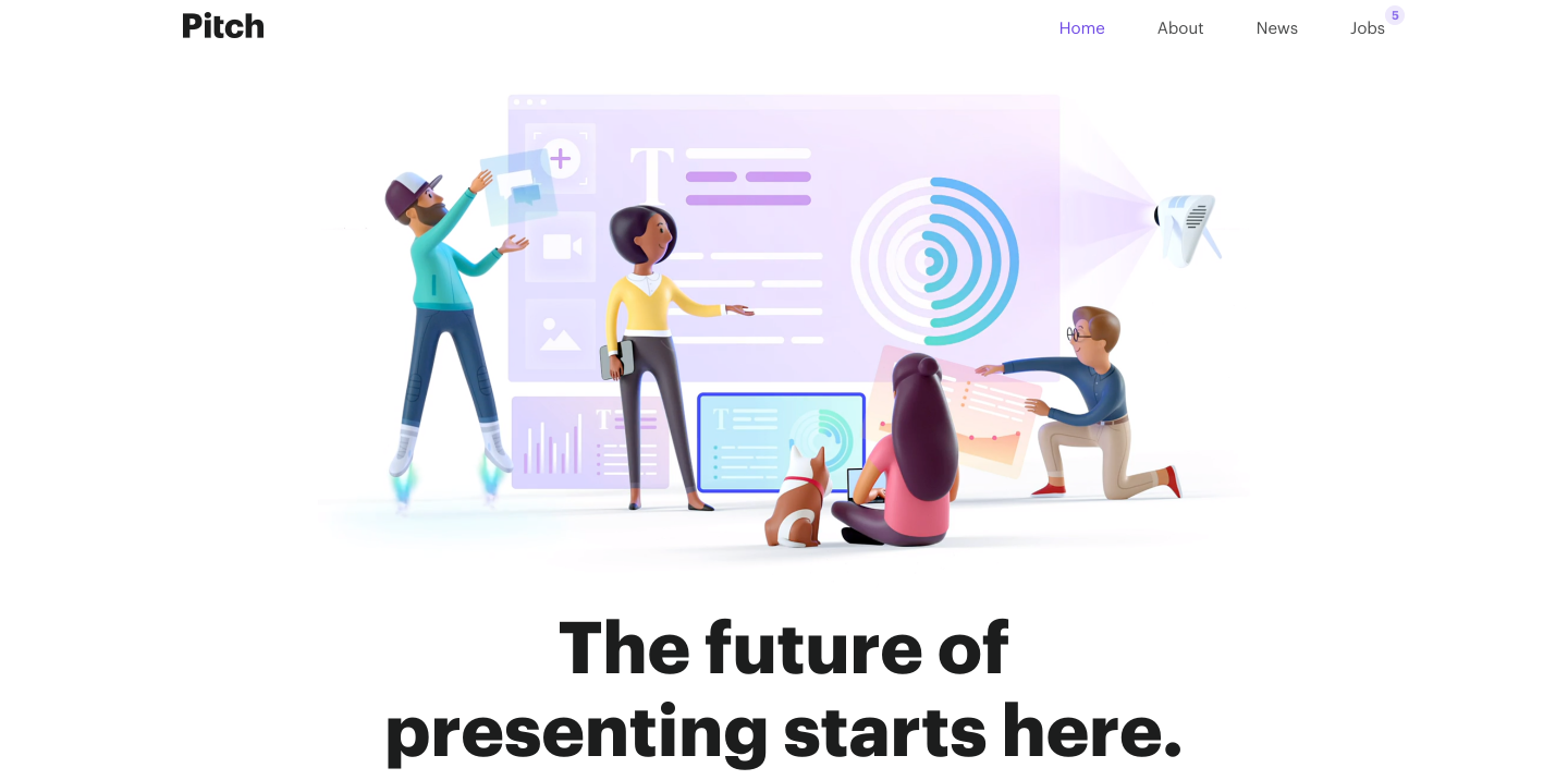 Pitch homepage using the trend of 3D illustration to show 4 cartoon figures virtually rearranging interface elements.