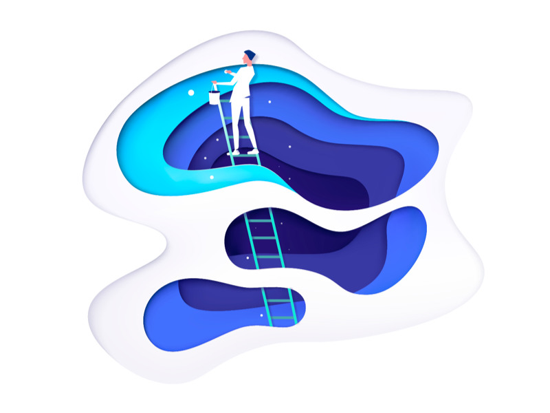 Illustration of a person on a ladder holding a bucket, framed by curvy layers of paper-cut-out-like blobs in blues and white.