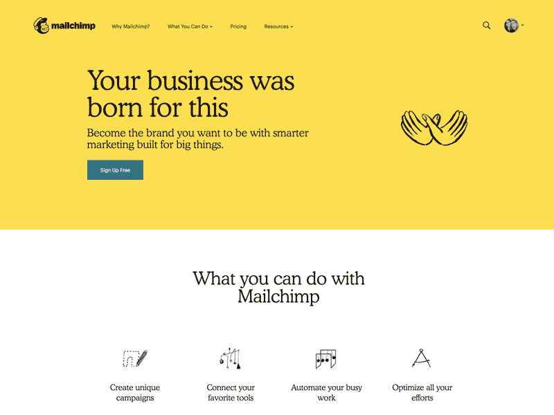 Mailchimp landing page with a yellow background, black text in Cooper Black, and an animated illustration on the right.