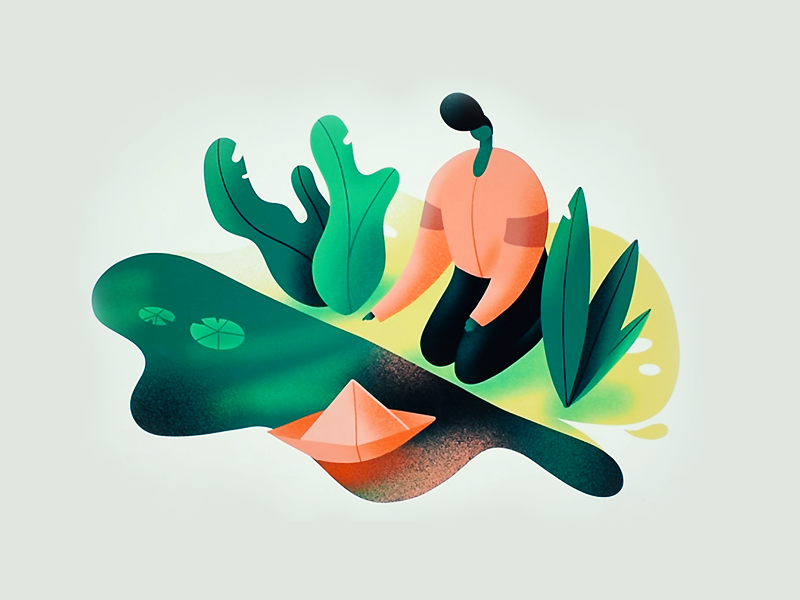 Cut-out style illustration of a genderless figure kneeling beside a pond where a paper sailboat floats.