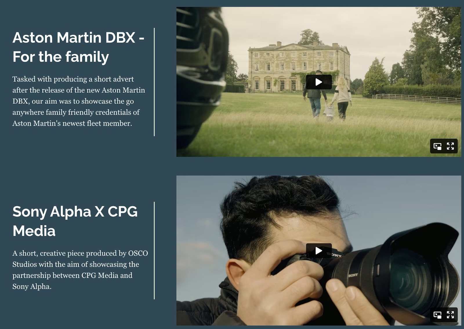 A screenshot of OSCO Studios’ website, with two embedded videos showing a home estate and a photographer.
