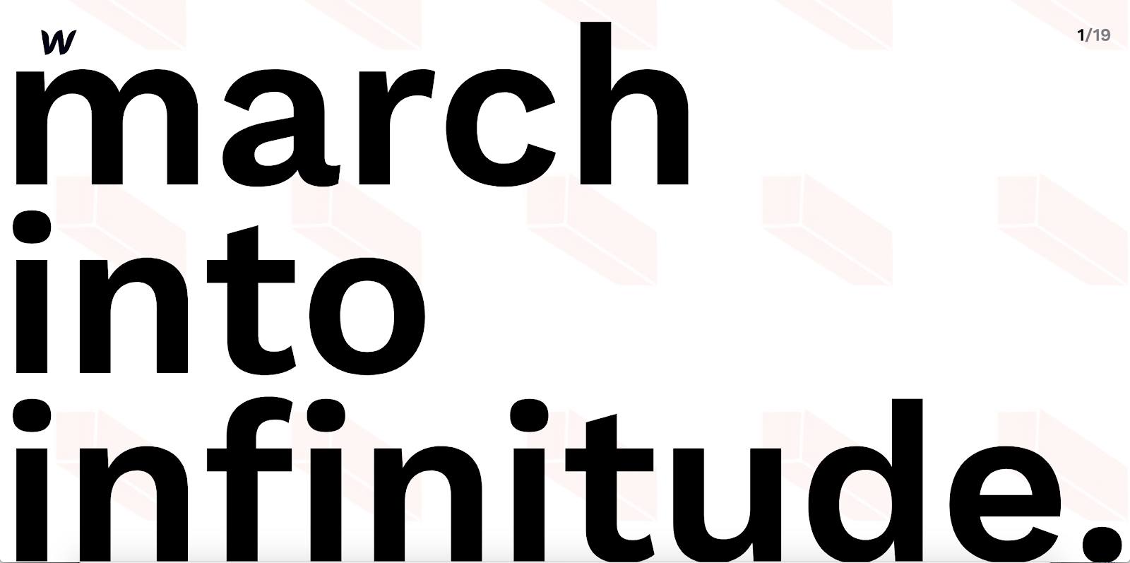 Large, black text fills the hero section on a white background. One word per line reads, "march into infinitude"