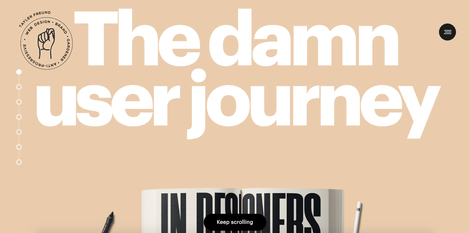 "The damn user journey" fills the hero section of Tayler Freund's landing page.
