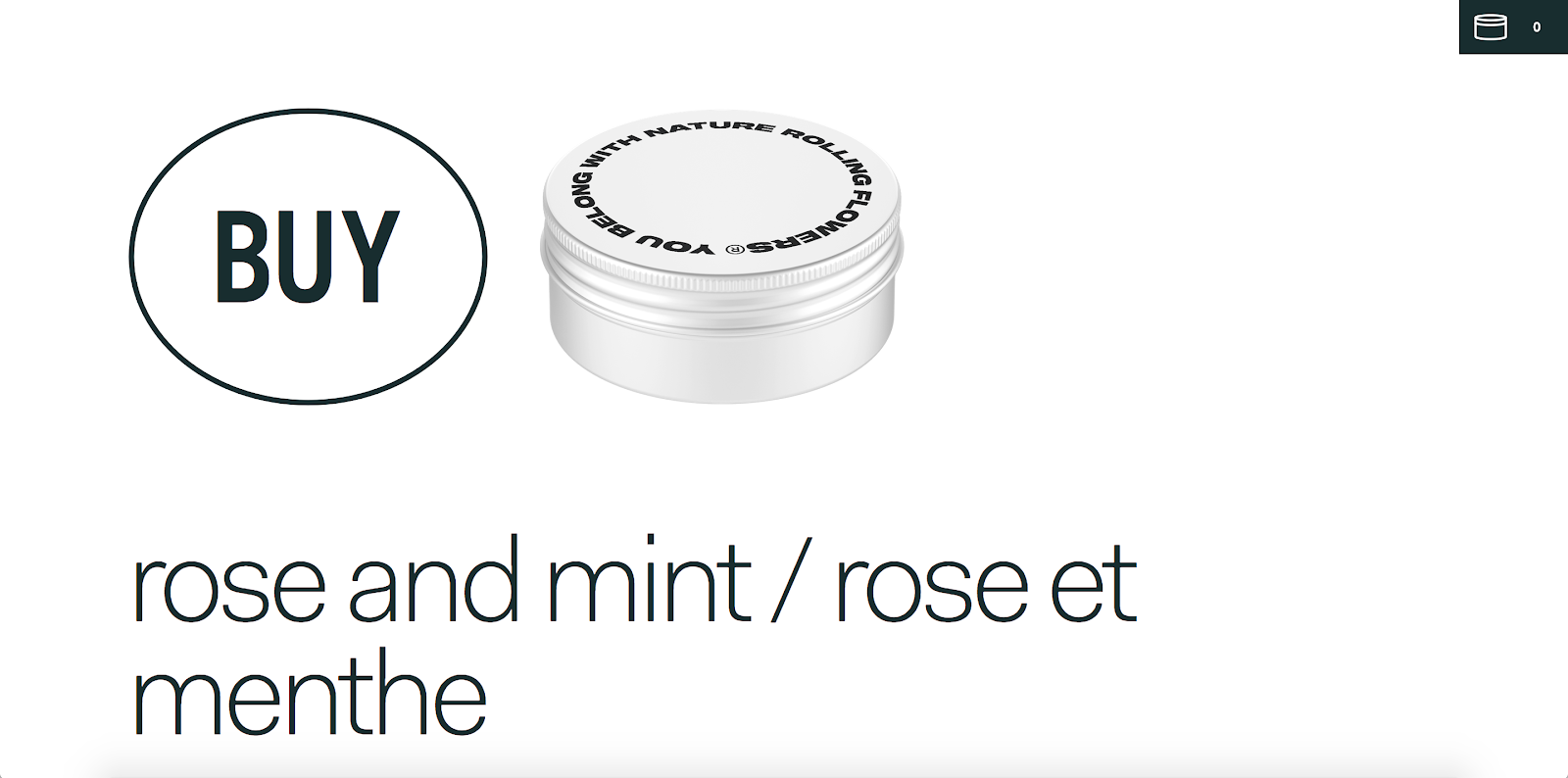 Minimal, large, black text on a white background: a buy button next to the product photo and the product name below.