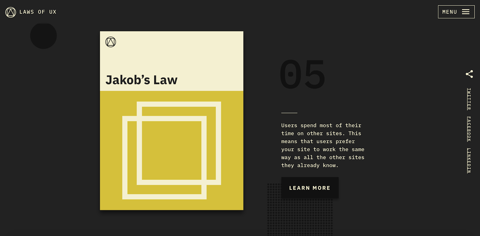 A landing page for Jakob's Law, its standard layout reflecting the law's premise. The blurb text reads, "Users spend most of their time on other sites. this means that users prefer your site to work the same way as all the other sites they already know."