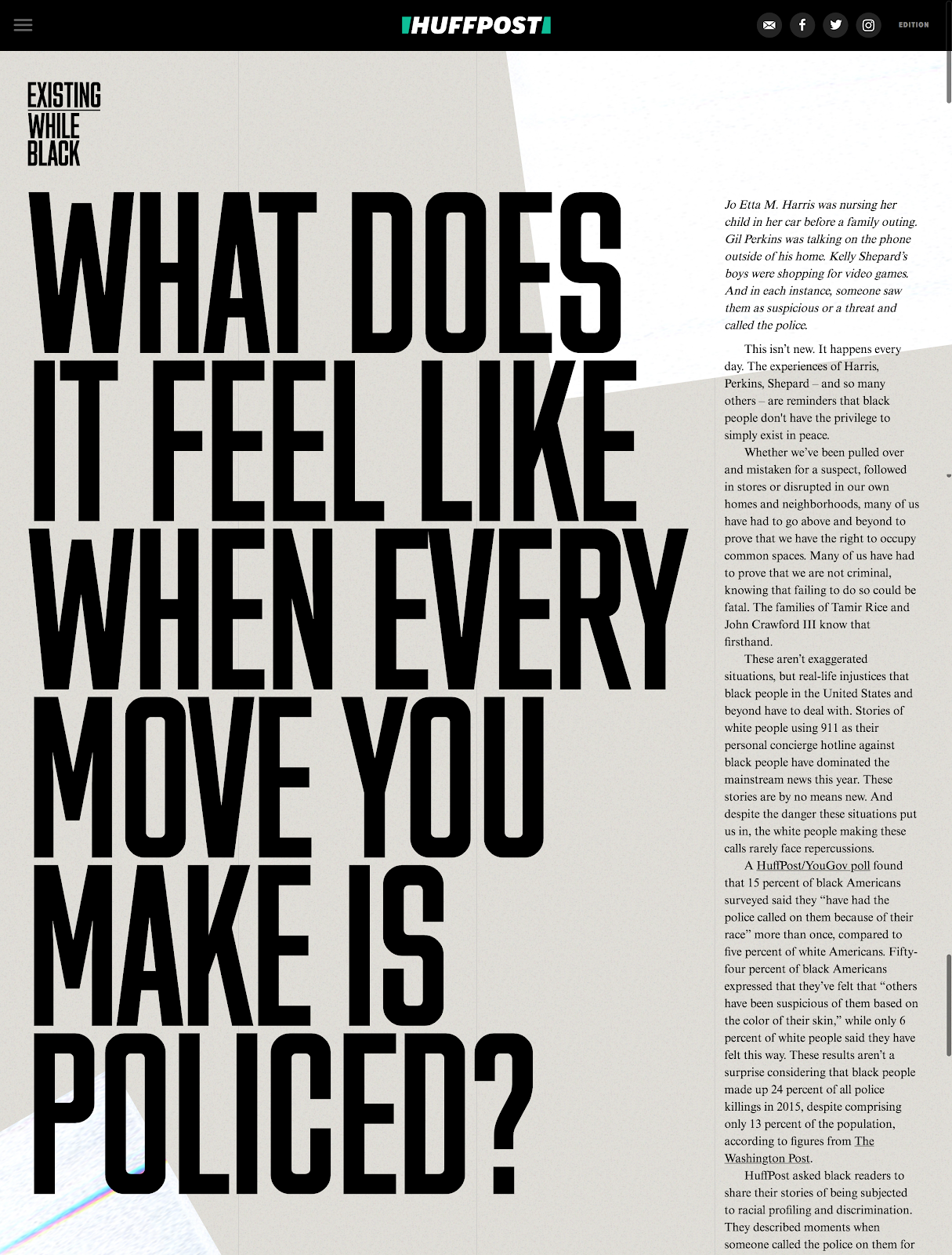 Landing page for a Huffpost piecse with the article's title filling the left 2/3 of the screen in oversized text and the essay body on the right.