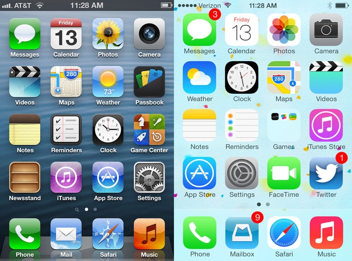 Screenshots of iPhone’s updated icons from iOS 6 to iOS 7 show the move from skeuomorphic design to flat design.