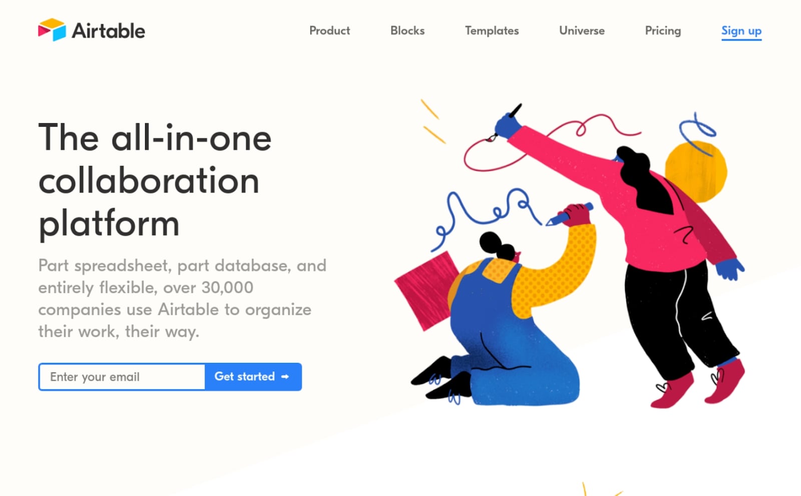 An image of Airtable's call to action page in 2019. It shows a corporate memphis style.