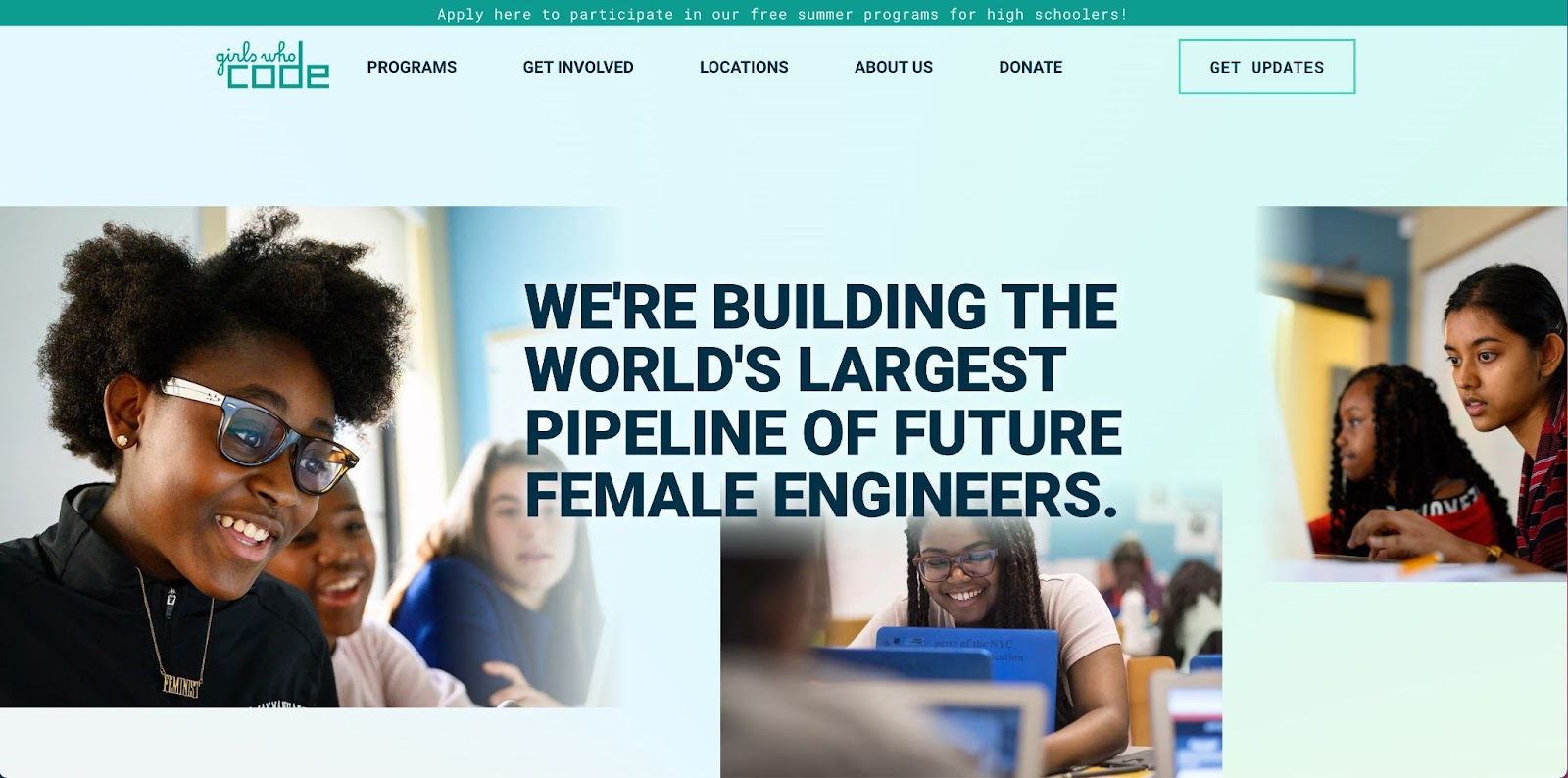 An image of the Girls Who Code website home page.