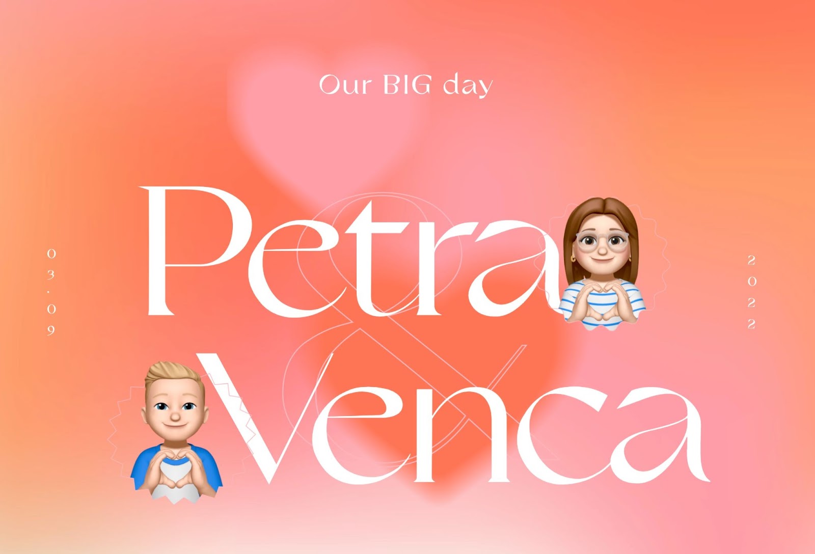 An image of Petra and Vecna's wedding website. It features the words "Our Big day" and "Petra and Vecna" with two memeojis of the happy couple. 