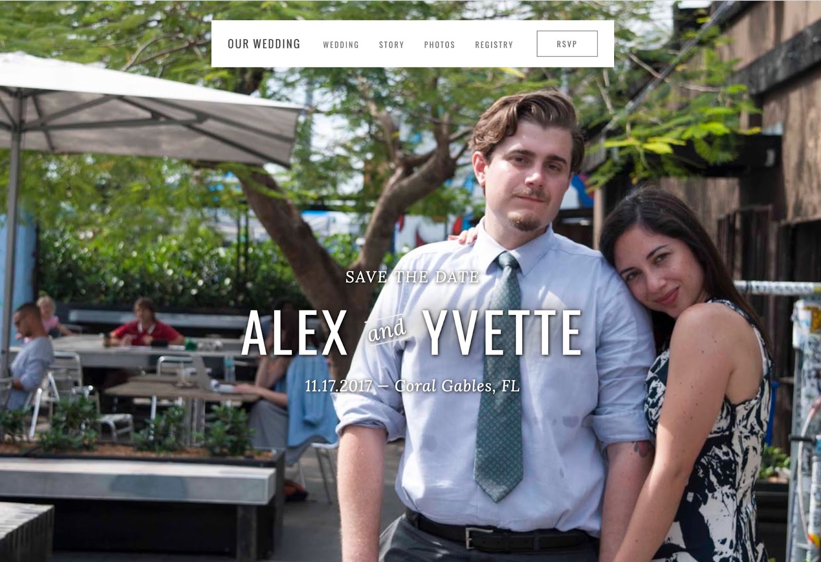 An image of Alex and Yvette's wedding website. It features a photo of the couple looking at the camera with the words "Save the date" "Alex and Yvette"  