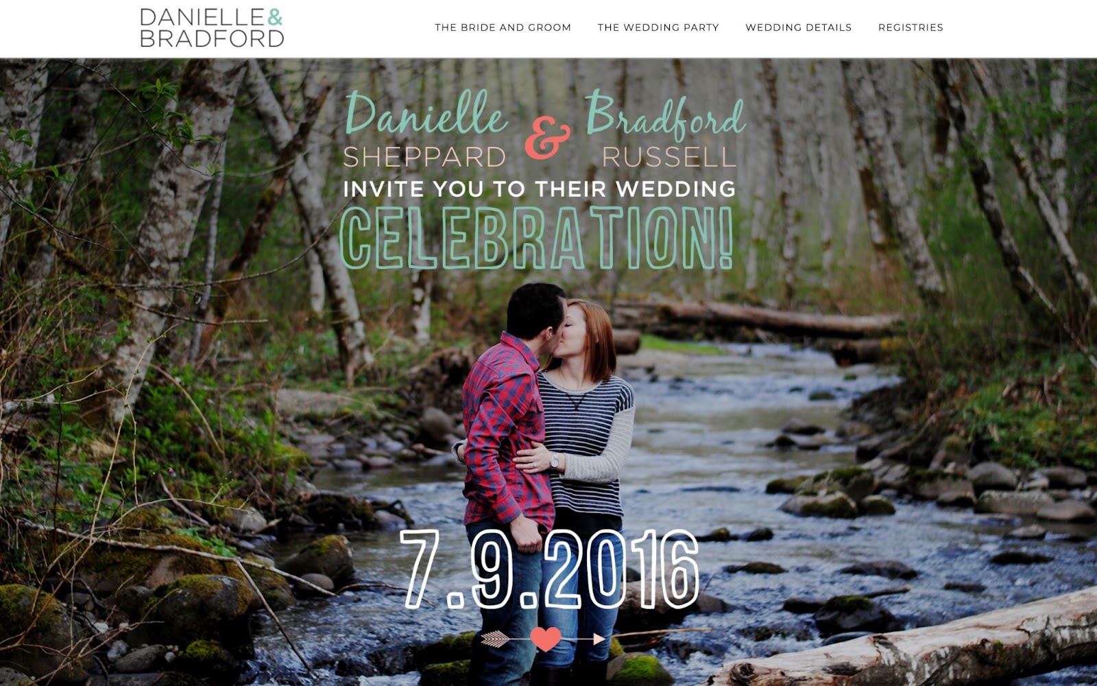 An image of Danielle and Bradford's wedding website. It features a large picture of the couple kissing with "Danielle Sheppard and Bradford Russell Invite you to their wedding celebration" overlayed on the picture. 