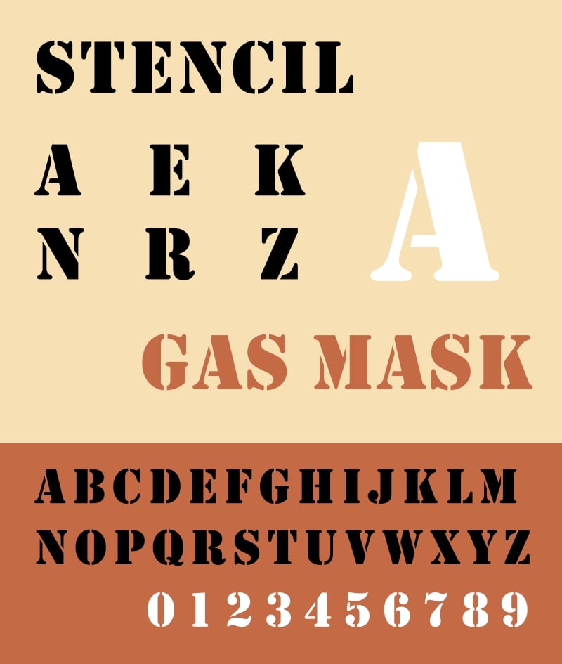 STENCIL and sample letters written in Stencil font