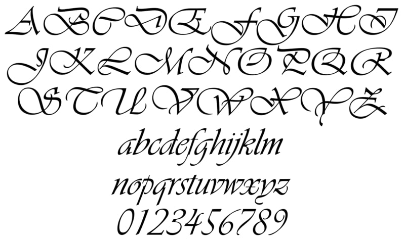Alphabet typed in Vivaldi font