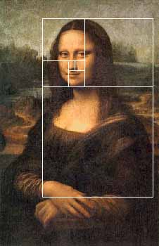 The Mona Lisa with the squares of the Fibonacci Spiral clearly indicating the position and size of the elements of the painting.