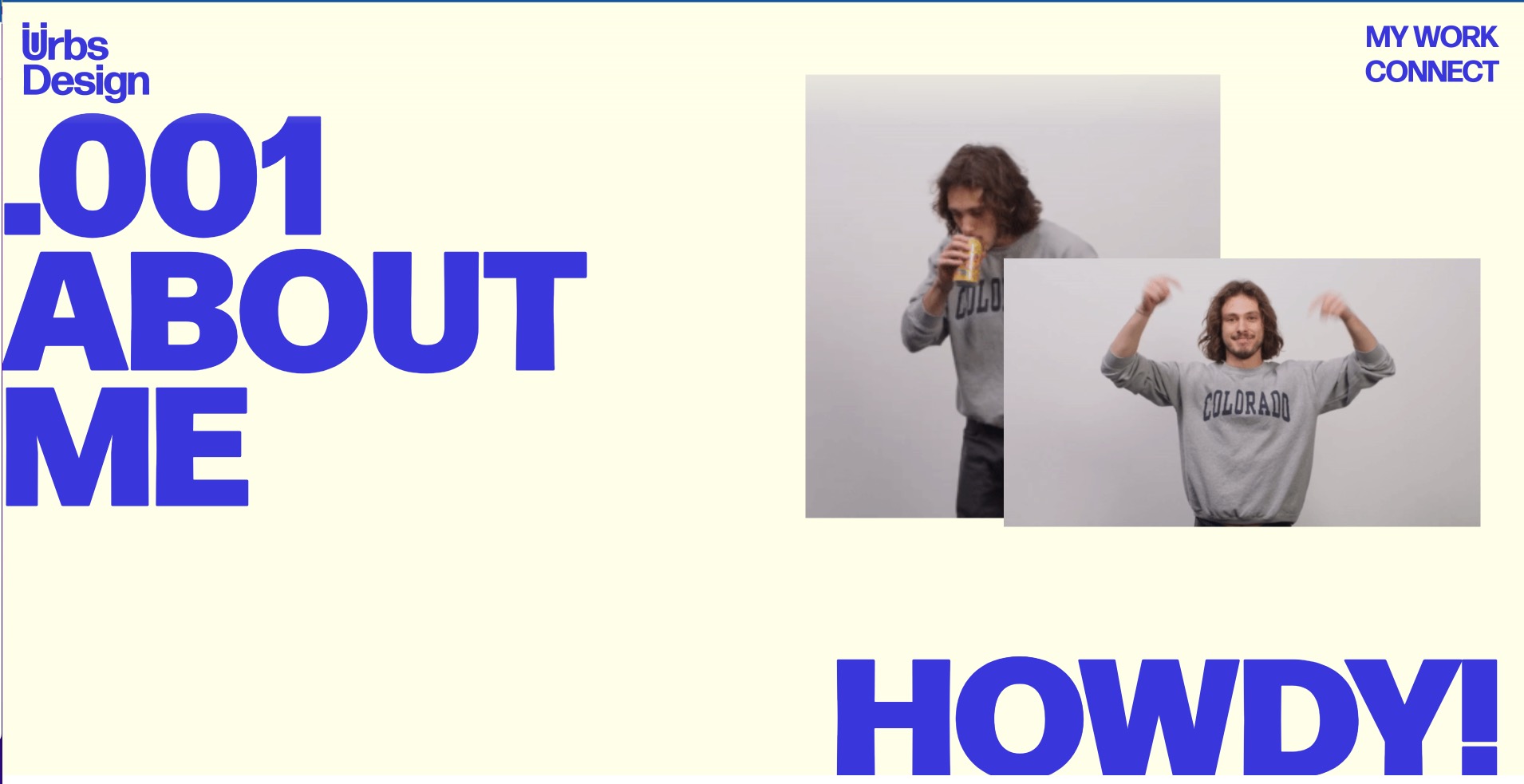 Urbs Design website. Off white background, large blue text "ABOUT ME" on left and "HOWDY!" under two photos of Spencer Urban.r