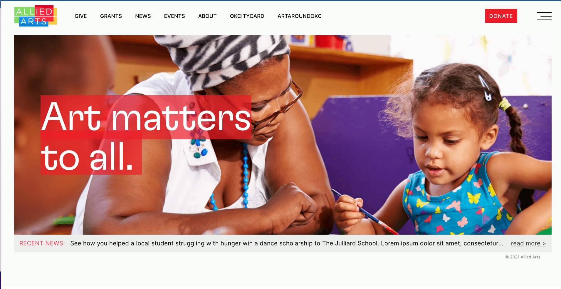 Allied Arts homepage. Photo of Black woman helping a young Black girl paint