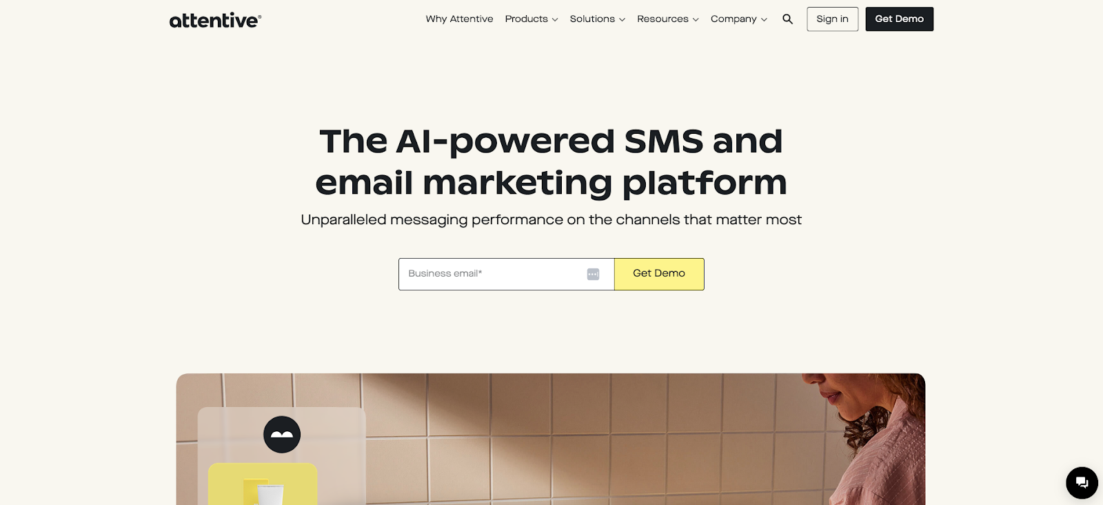 Attentive’s homepage features the headline “The AI-powered SMS and email marketing platform” and an email input form.