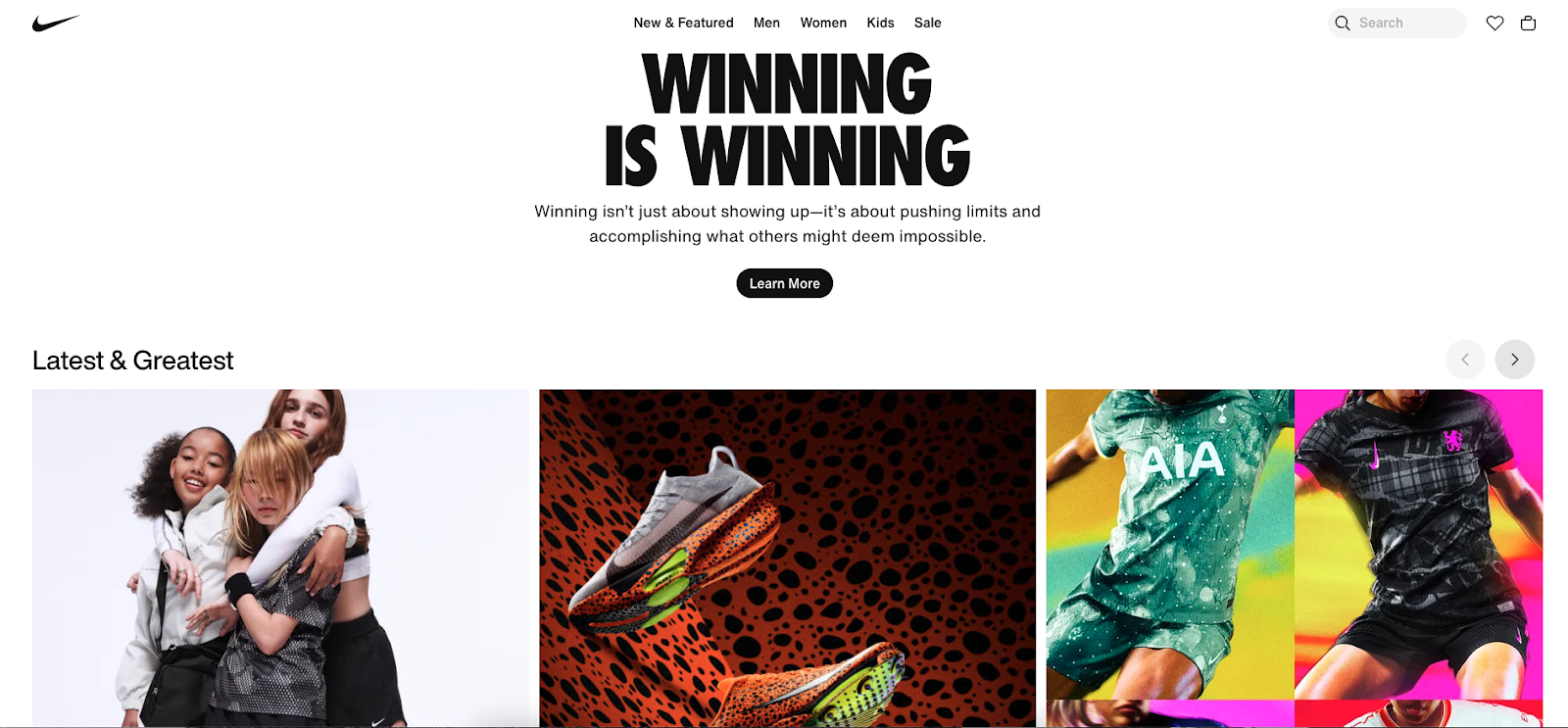 Nike’s homepage features the headline “Winning is winning” and three product images.