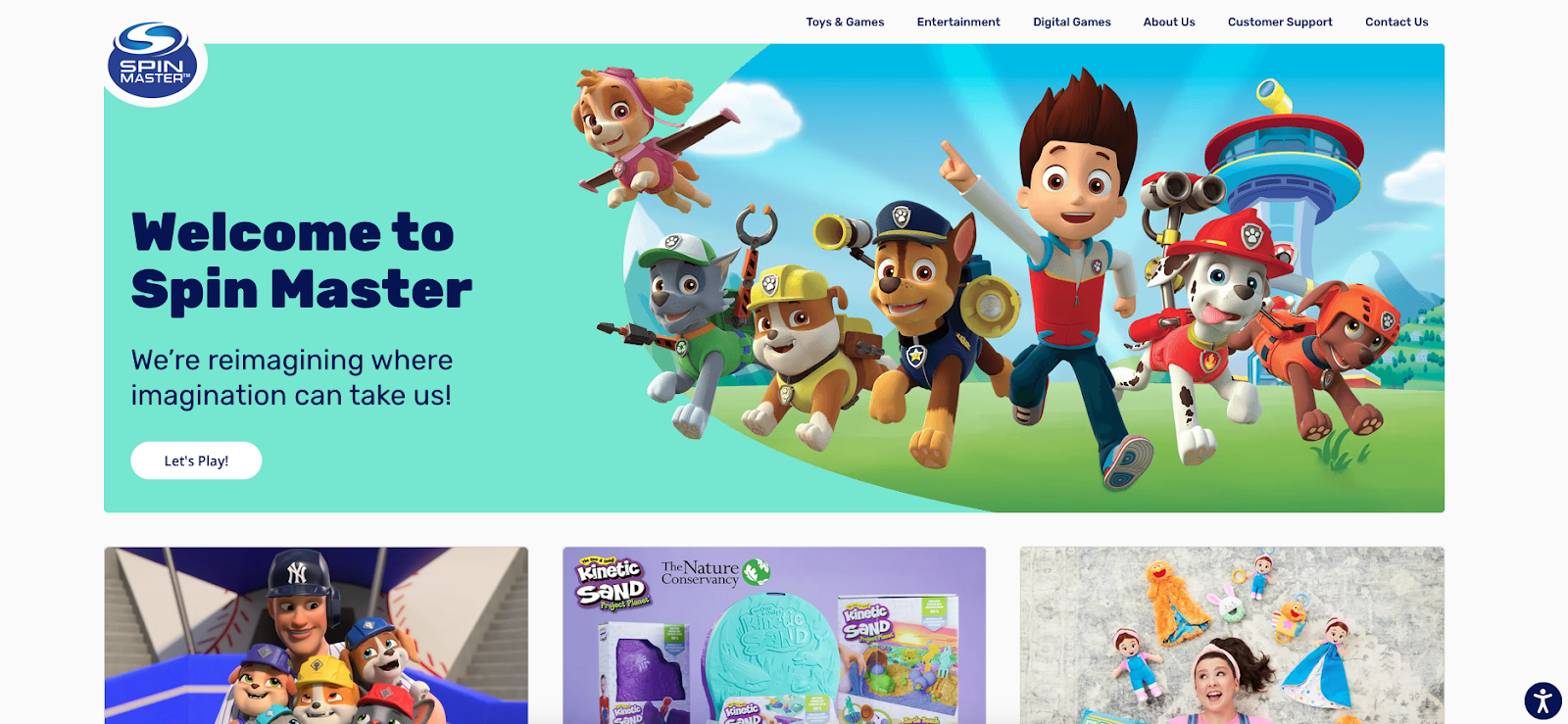 Spin Master’s homepage features the headline “Welcome to Spin Master” and a Paw Patrol graphic.