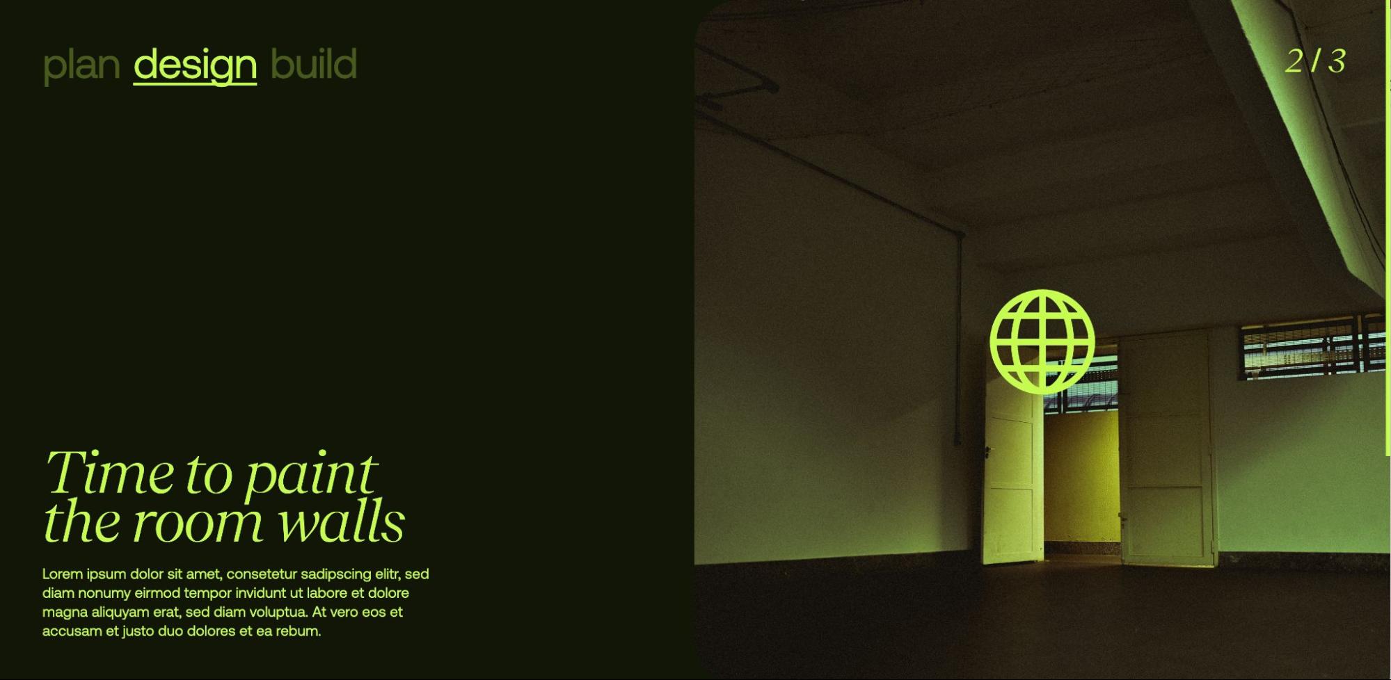 T.RICKS scroll toggle project. Black background, yellow-green text menu "plan design build"