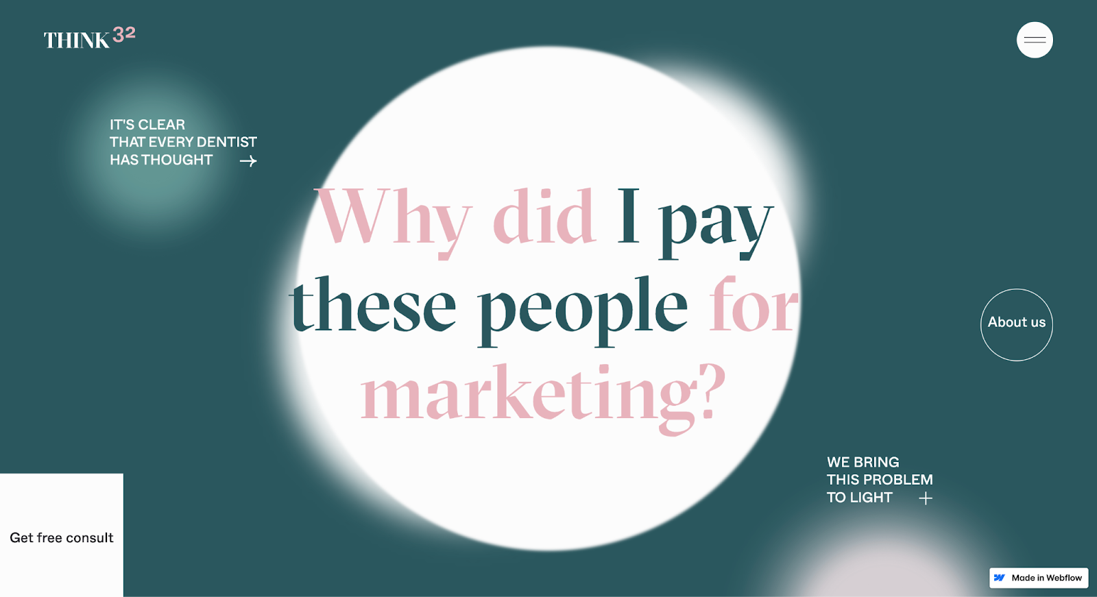 Think32’s website shows circular design elements with text inside them.