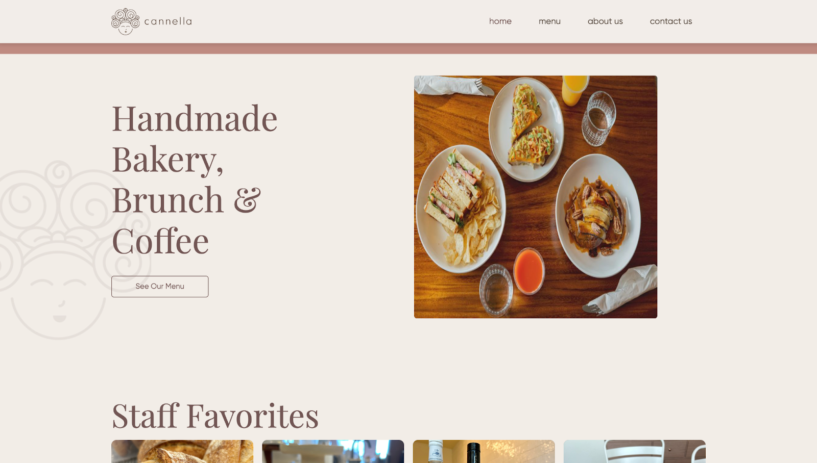 Cannella Bakery’s website shows the company’s logo in the top left, a menu in the top right, and the text “Handmade Bakery, Brunch & Coffee” with an image next to it.