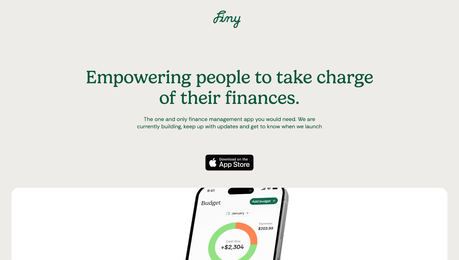 A screenshot of Finy’s app landing page with an App Store button and a header of “Empowering people to take charge of their finances.”.