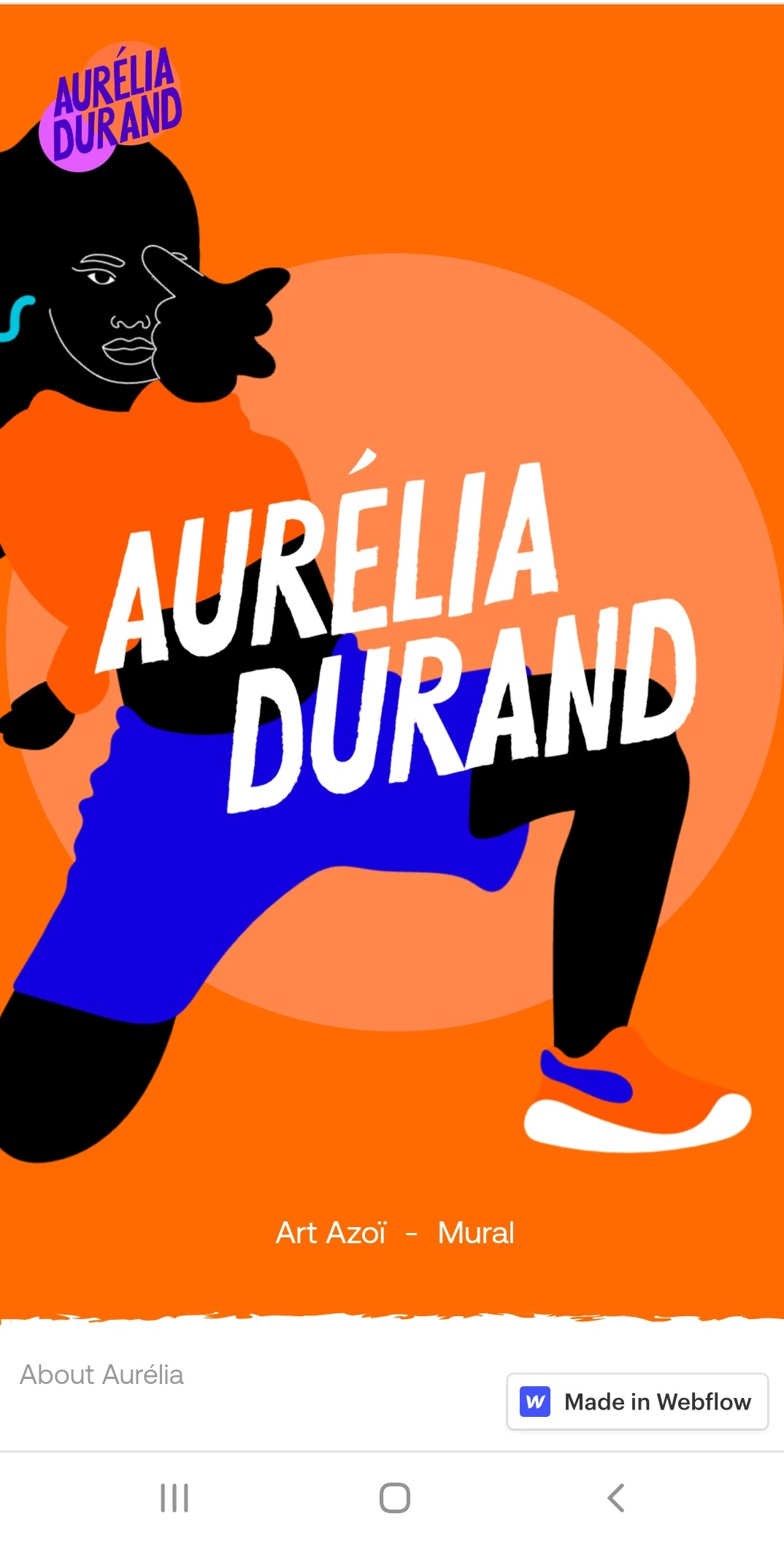 A screenshot of a mobile website with a large drawing of a Black woman in an orange sweater, blue shorts, and orange and blue shoes lunging forward and pointing at the reader. The name “Aurélia Durand” appears across the middle of the illustration in white letters.