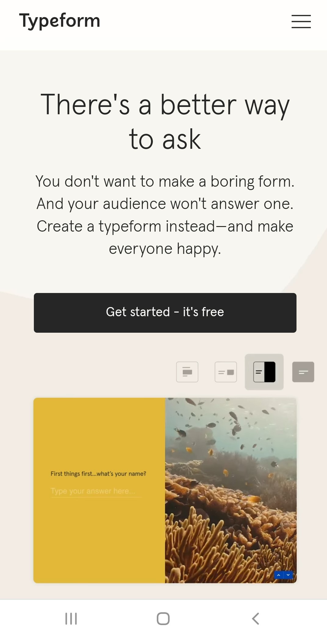 Screenshot of Typeform’s mobile site showing simplified content: one hamburger menu at the top right, the Typeform logo at the top left, some introductory text, one large black CTA button encouraging visitors to get started, and a newsletter sign-up field next to a photo of fish.