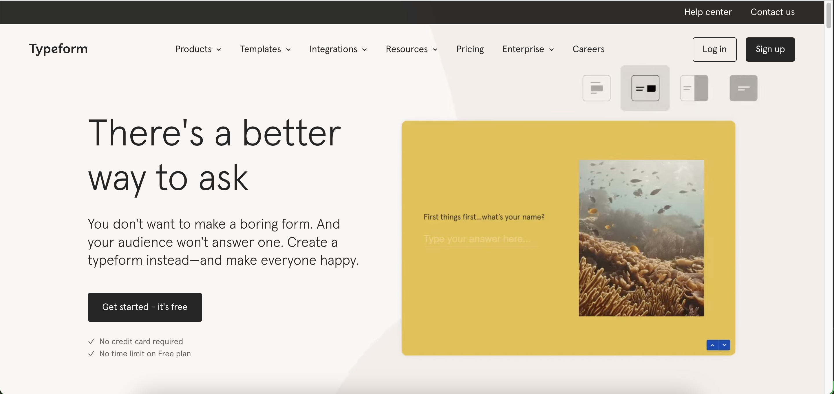 Screenshot of Typeform’s desktop website, showing widely spaced text, a horizontal sticky menu, and minimalist login and sign-up buttons.