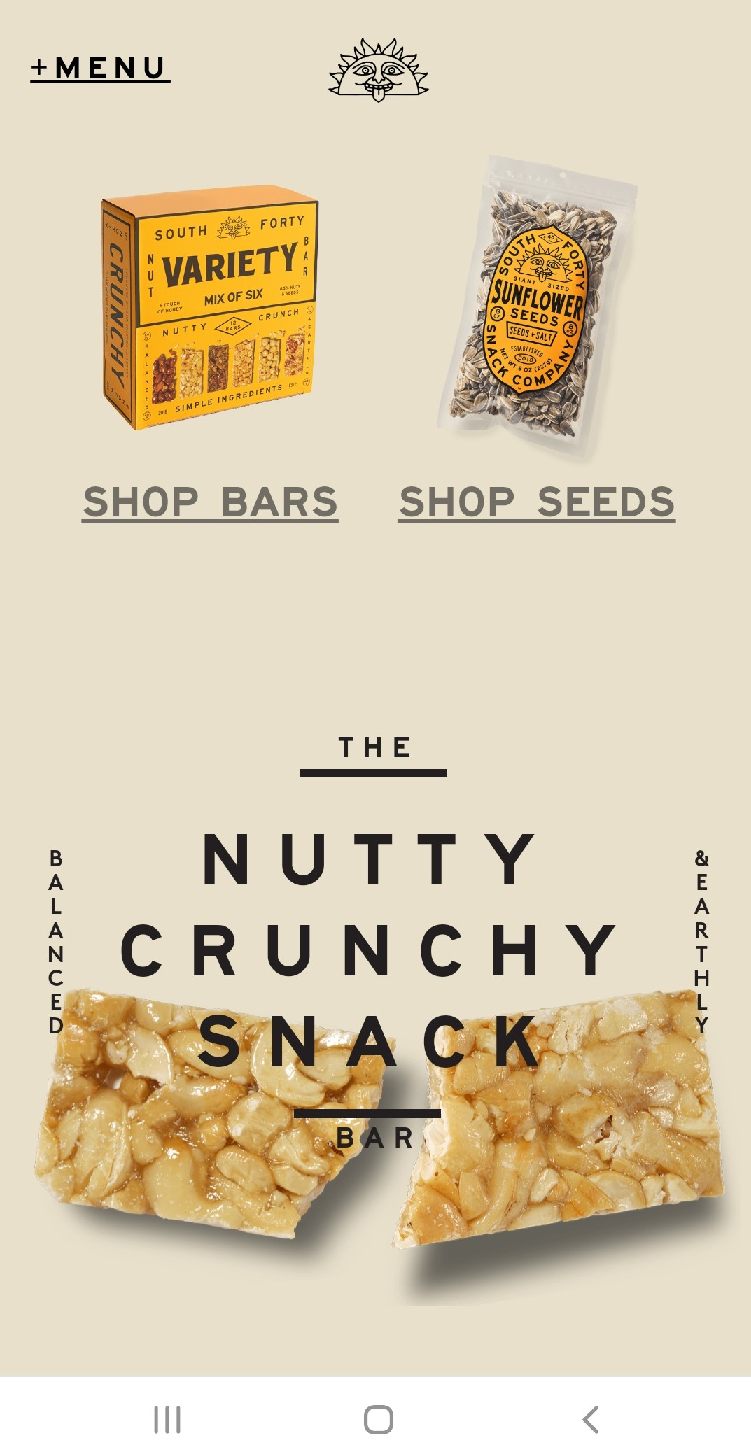 A screenshot of South 40 Snacks’ mobile site, showing the text “nutty crunchy snack bar” at the top in capital letters and two halves of a nut bar. A menu button is at the top left-hand corner of the page, and the logo is in the center at the top of the screen.