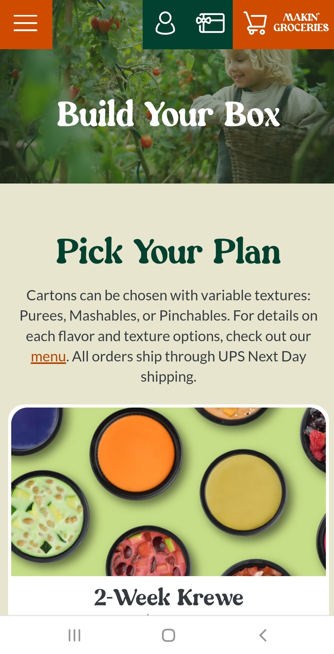 A screenshot of Little Lagniappe’s mobile website, showing a menu at the top, the text “Build your box” over a photo of a blonde child picking tomatoes from a garden, and information about picking a food box plan.