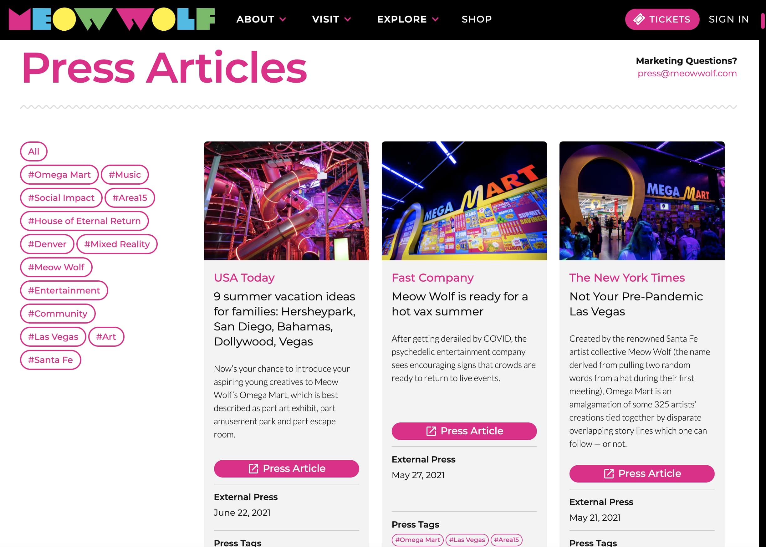 An image of the Meow Wolf press articles page.