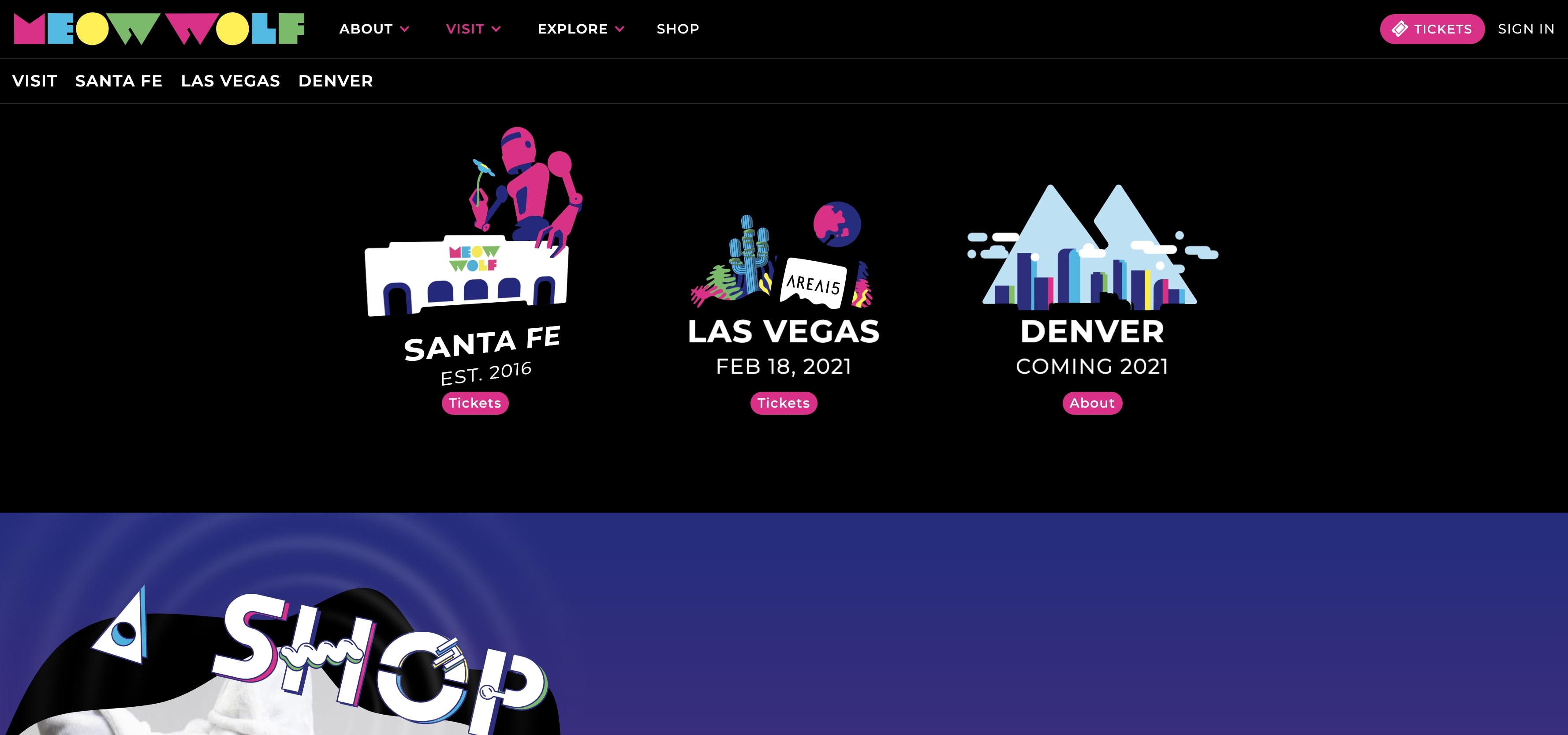 An image of the Meow Wolf "Visit" drop down menu.