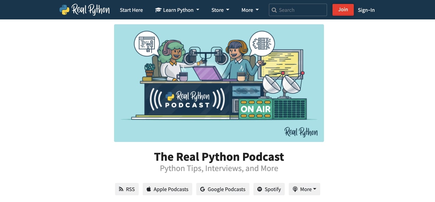 The Real Python podcast website.