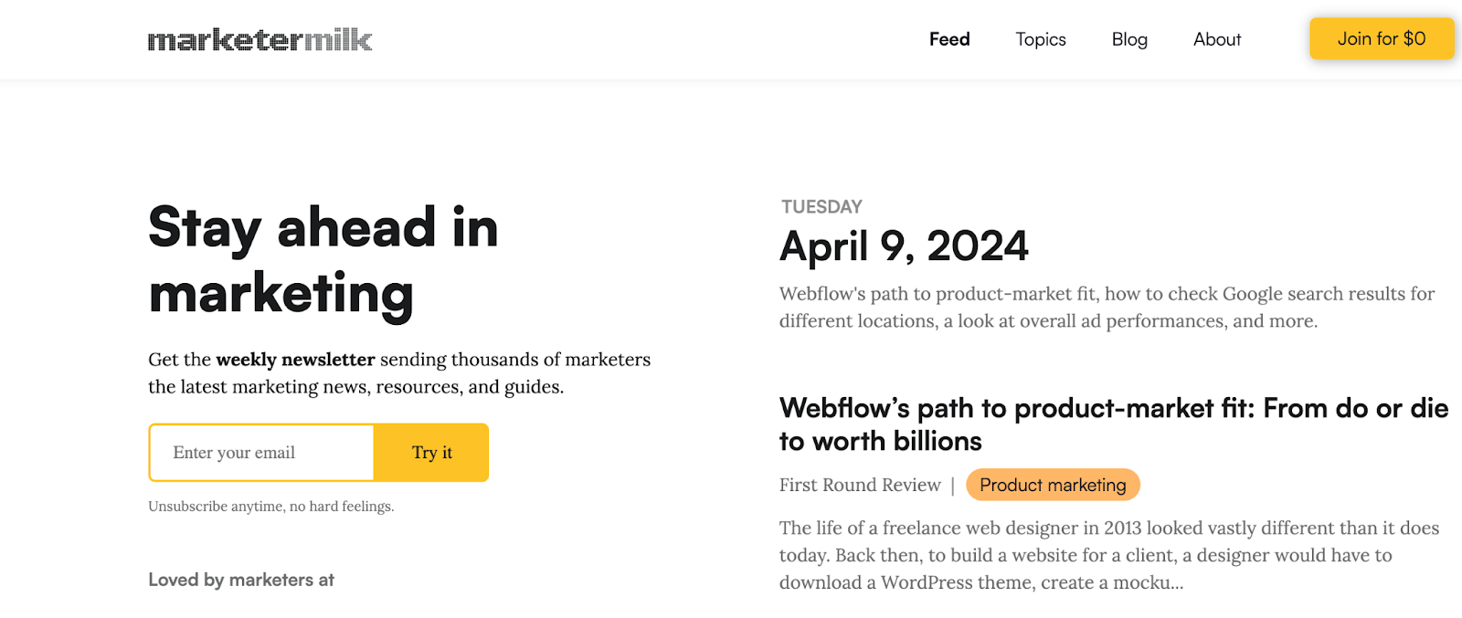 Marketer Milk newsletter website
