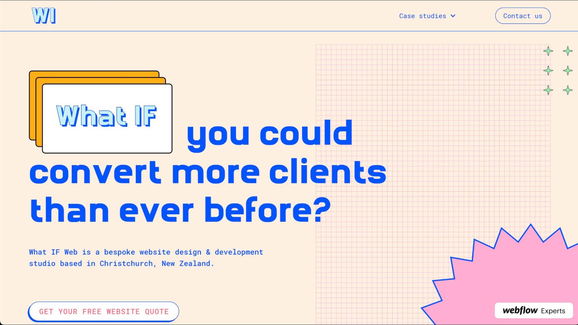 What IF homepage. Light peach background. Blue text in a retro font "What IF you could convert more clients than ever before?"