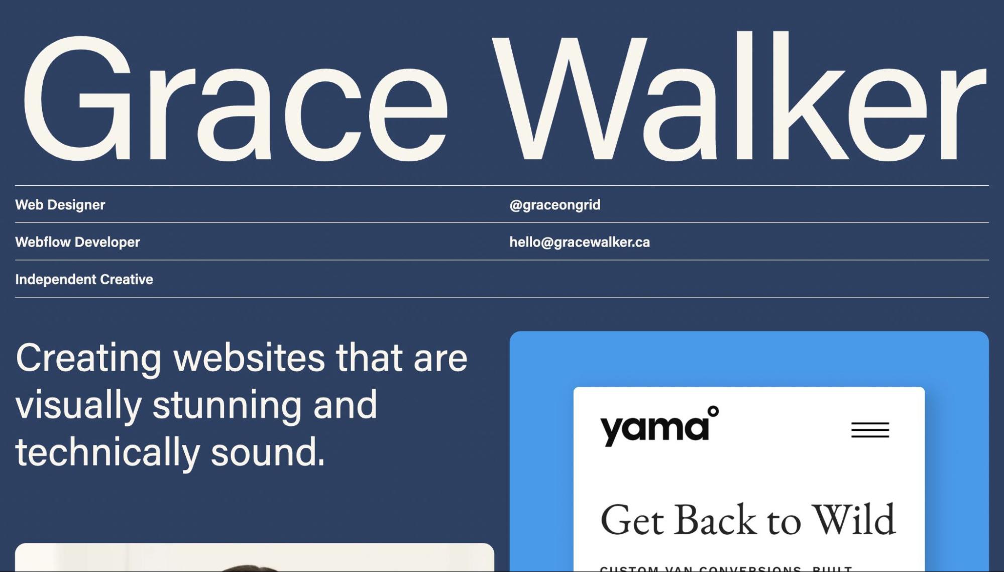 Grace Walker homepage. Muted Navy background with white text "Grace Walker" and subheading "creating websites that are visually stunning and technically sound"
