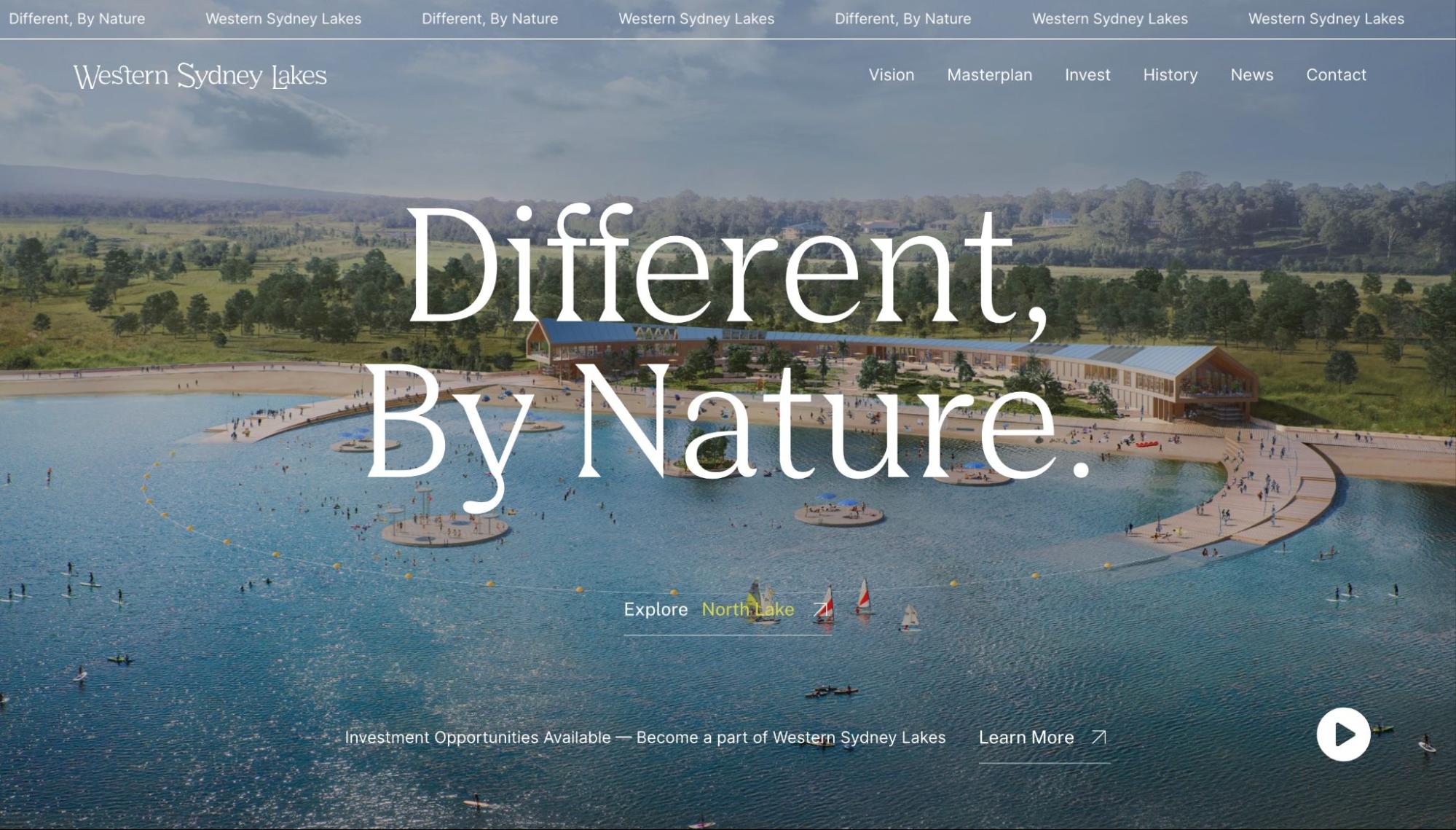 Background image: Aerial photo of Western Sydney Lakes. Large white text: Different, By Nature.