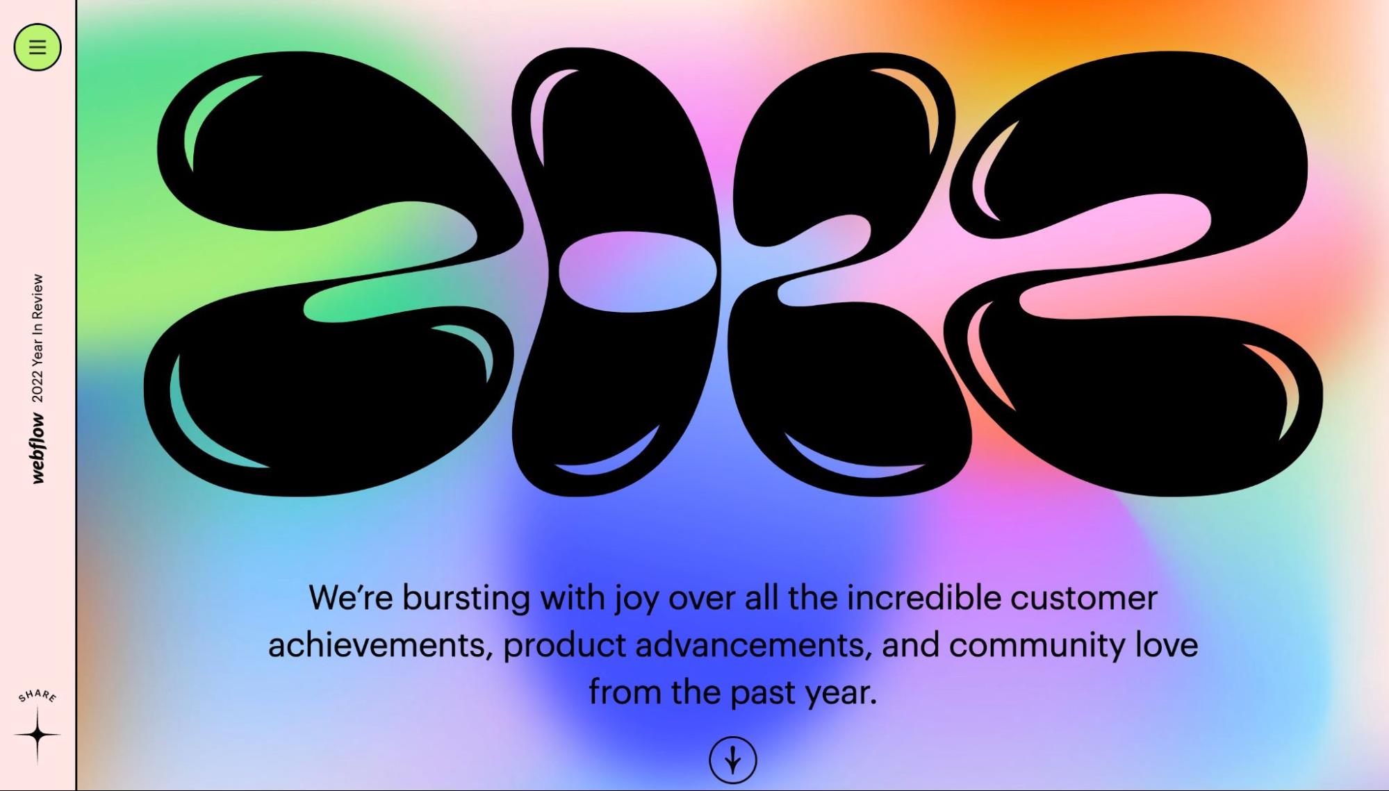 Rainbow gradient background with large, black bubble letters "2022"