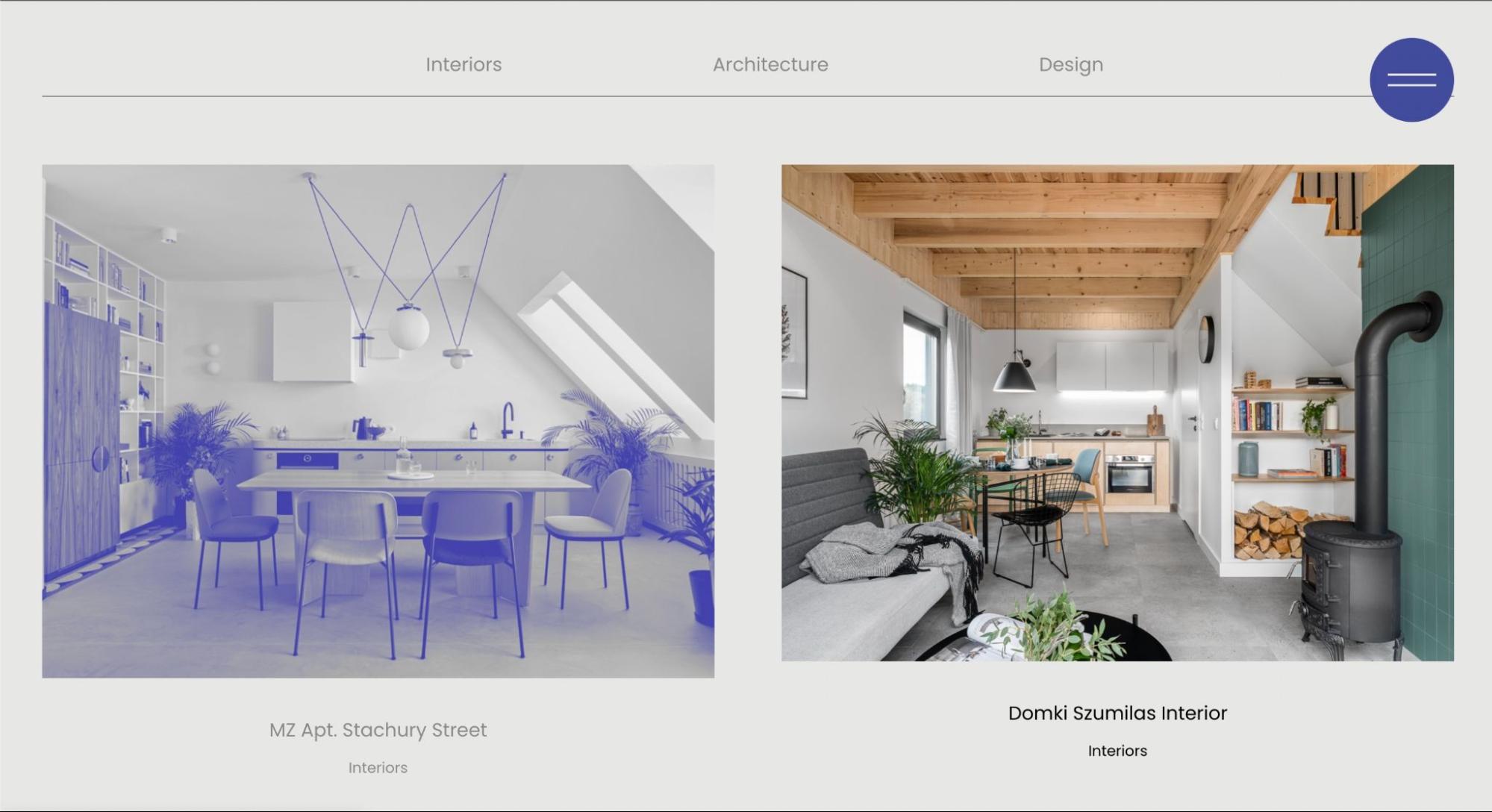 Raca Design Studio homepage. Two photos of different interior designs. Left photo is blue & gray scale, like a blue print. Right photo is full color.