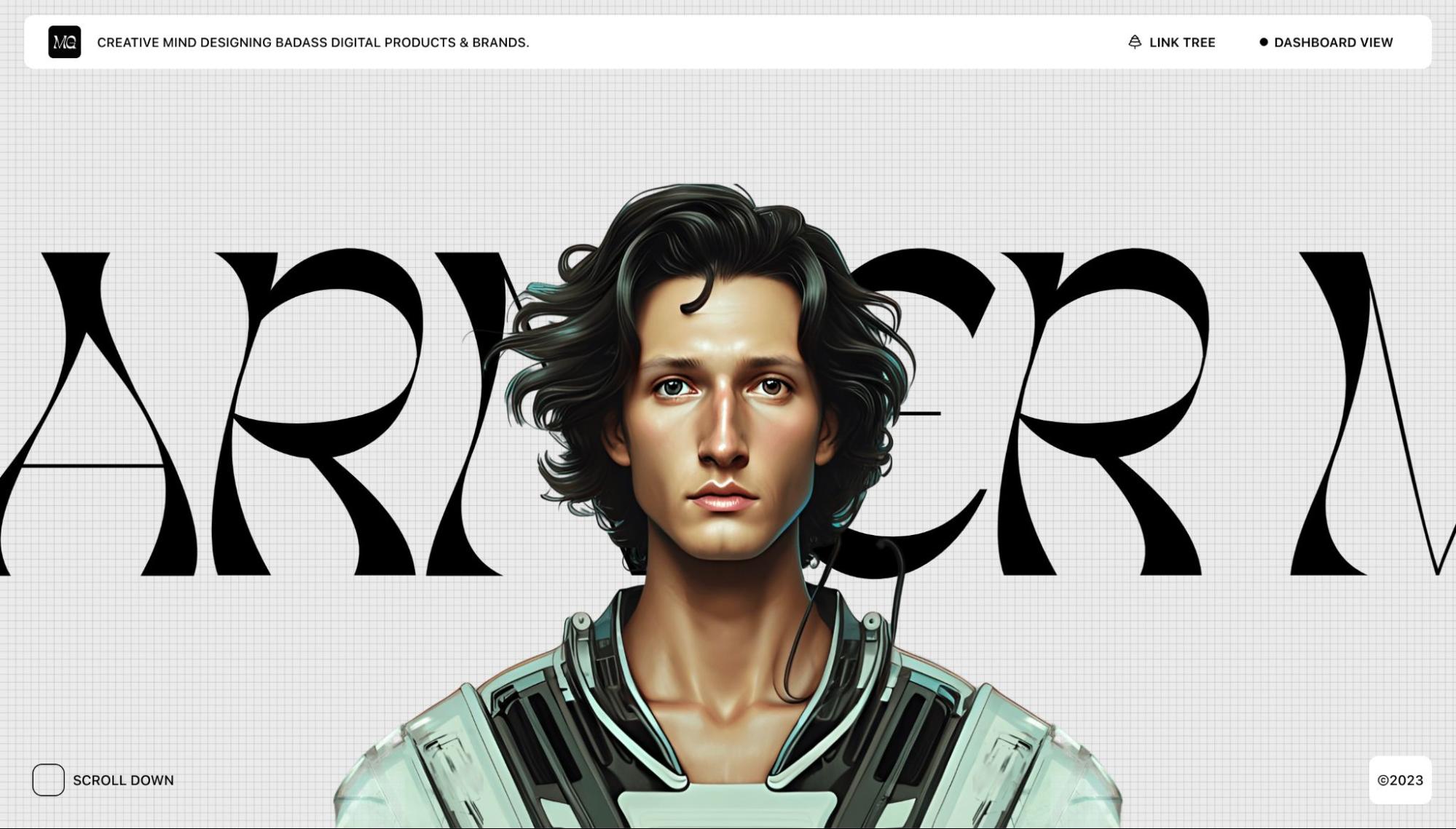 Matthis Garnier homepage. Gray graph paper background, 3D illustration of hero with flowing dark hair in futuristic clothing.